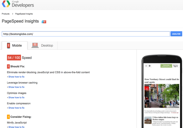 Google Page Speed Insights for Boston Globe