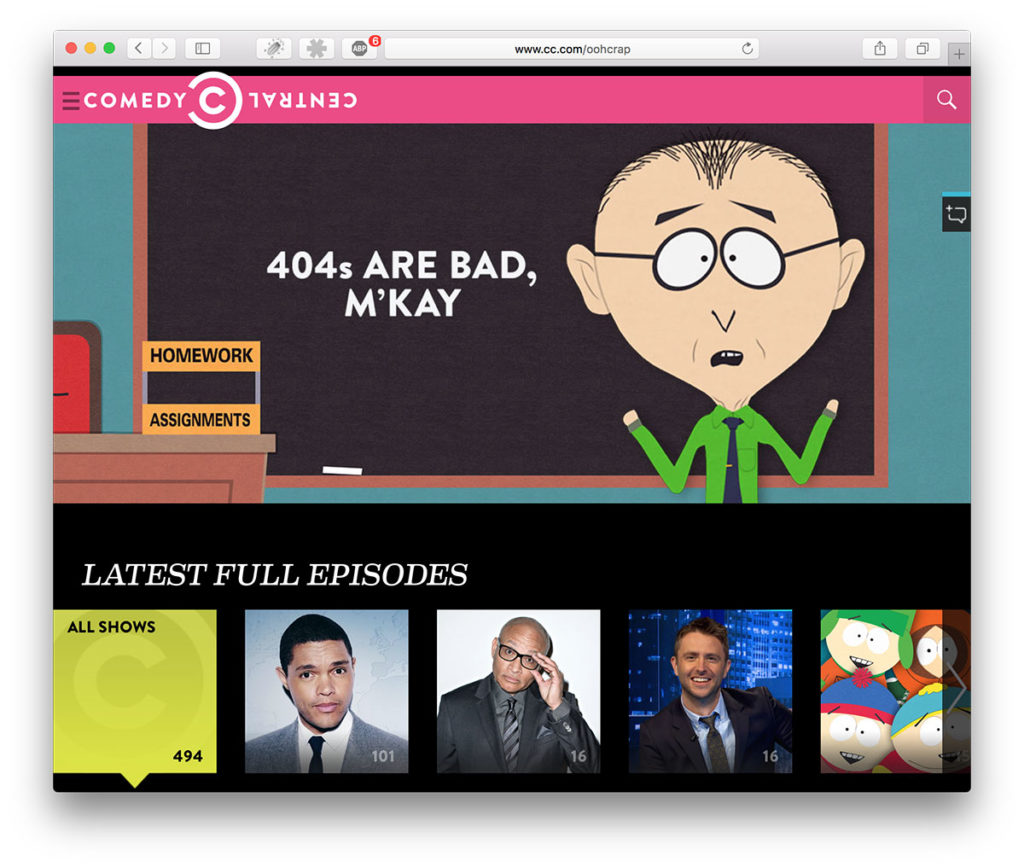 Error 404-page of Comedy Central with Soutpark character Mr Mackey