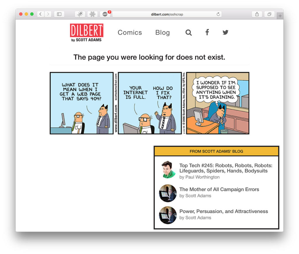 Dilbert's pointy-haired boss fooled at Error 404-page